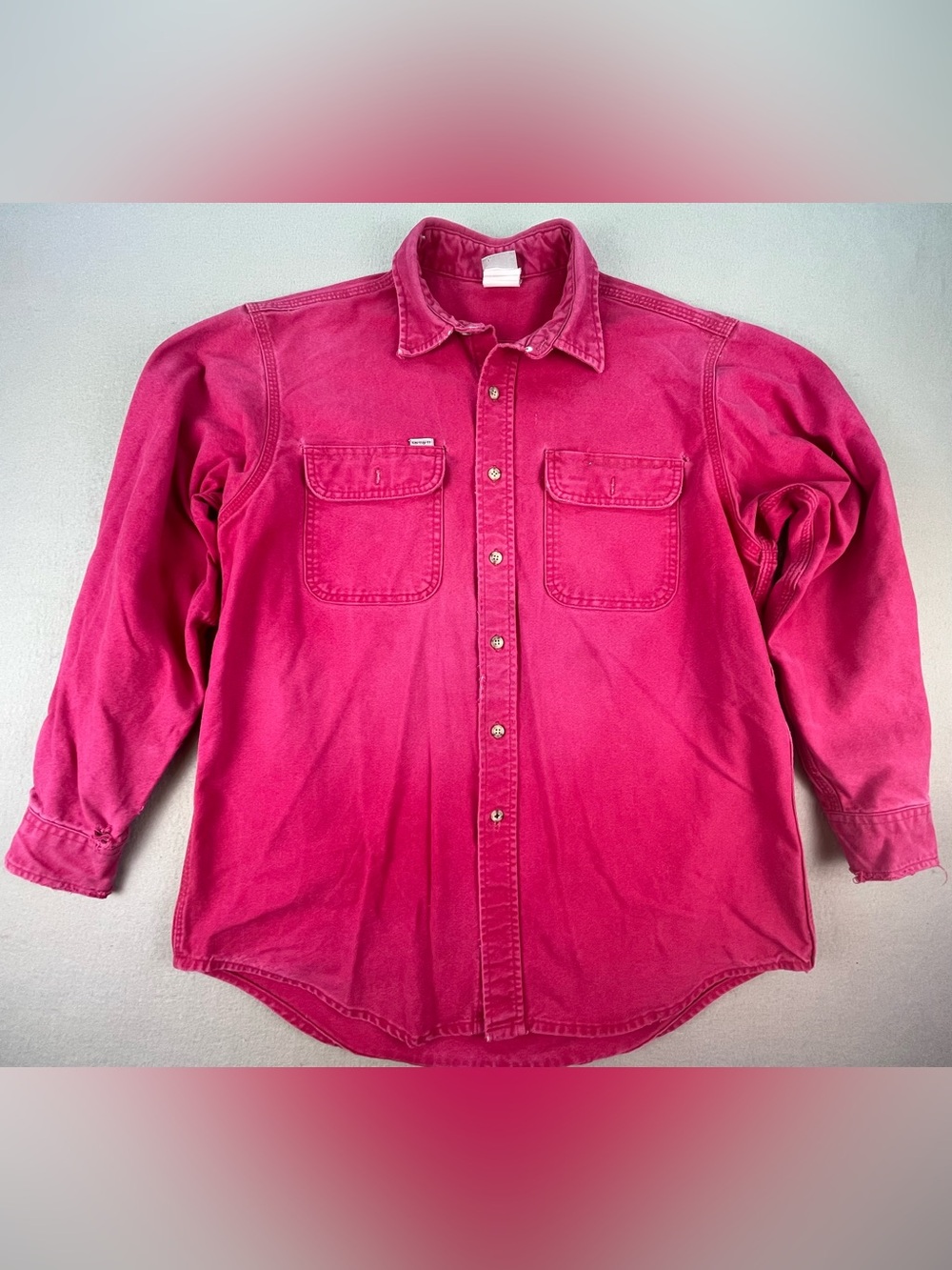 Vintage 90s Carhartt Men's Button Up Canvas Shirt Very Distressed Faded Red XL